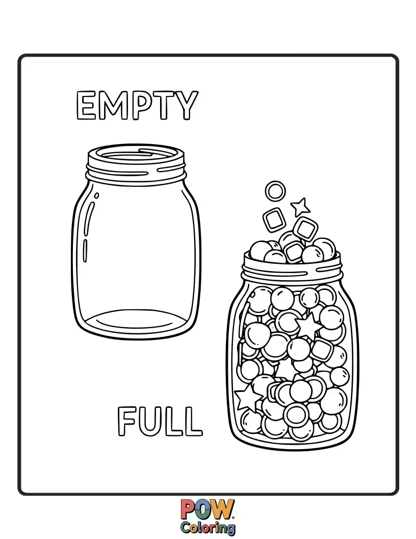 Free coloring page of An empty cookie jar with a single crumb sits next to a jar overflowing with delicious cookies.