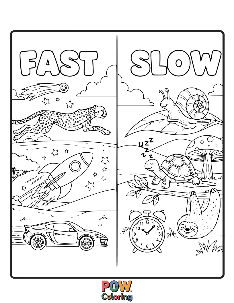 Free coloring page of A speedy cheetah zooming past a leisurely snail carrying a flower on its shell.