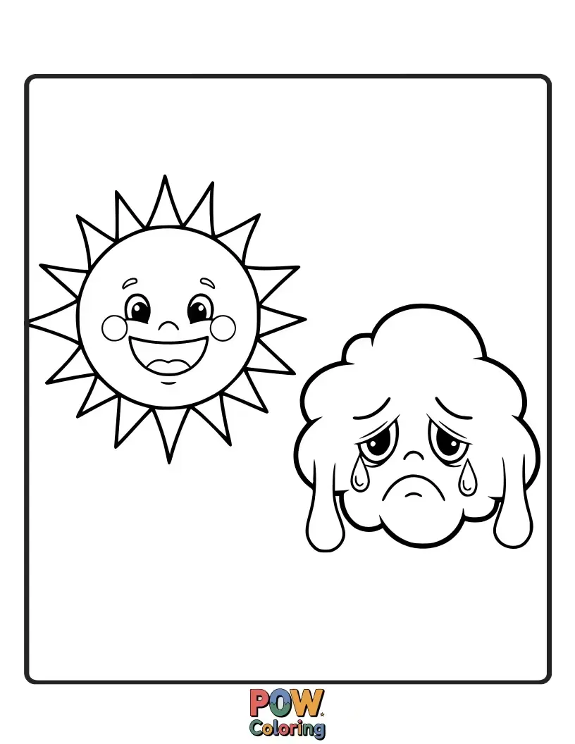 Free coloring page of Two adorable cloud characters, one beaming with sunshine, the other shedding a single, sparkly tear.