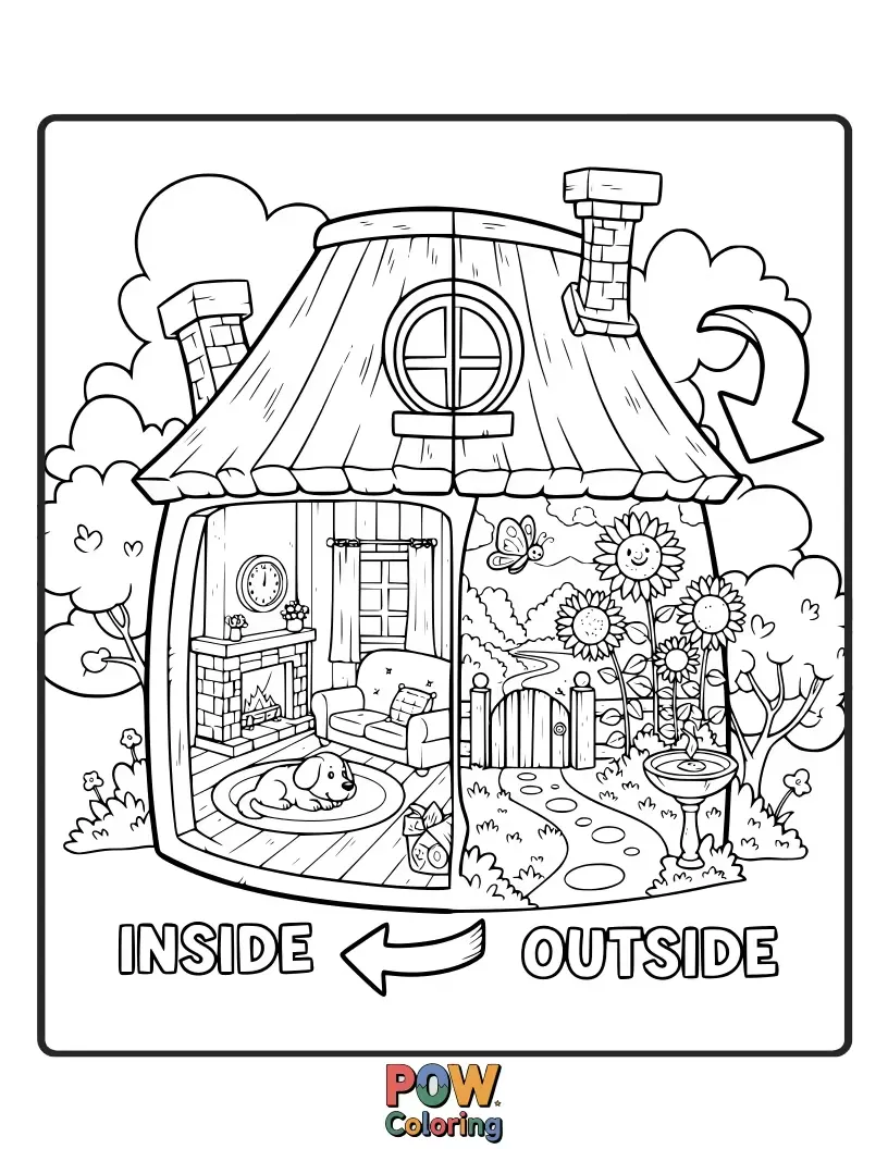 Free coloring page of A cozy little bird in its nest looks out at a fluffy dandelion floating in the breeze.