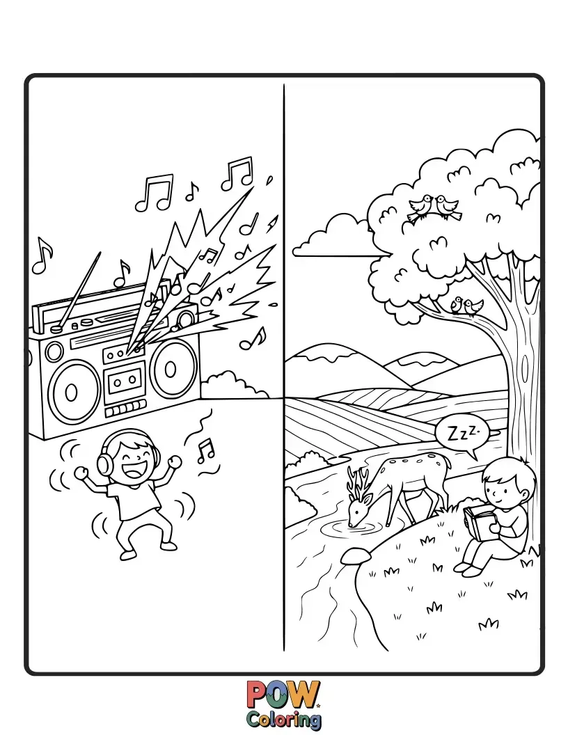 Free coloring page of A rock-and-roll sheep jamming with headphones, contrasted with a gentle deer peacefully listening to birdsong.
