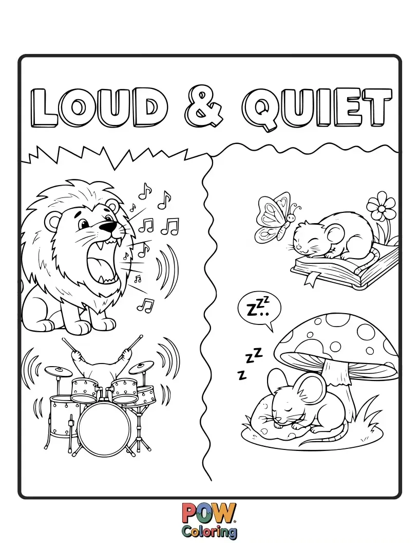 Free coloring page of A roaring lion with a surprised expression sits next to a tiny mouse tiptoeing with wide eyes.