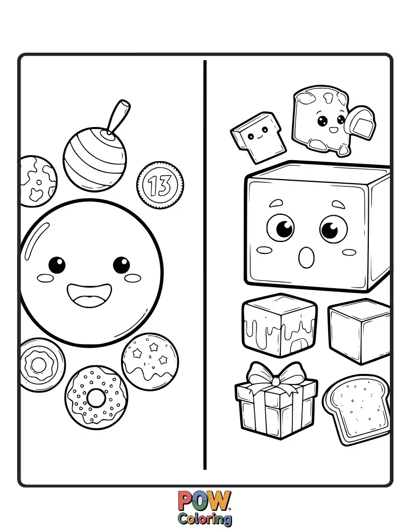Free coloring page of A happy, plump watermelon slice next to a cute, tiny cube of cheese with a smile.
