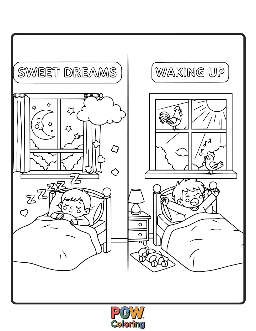 Free coloring page of A sleepy owl in a starry nightcap dreaming peacefully, opposite a bright-eyed squirrel stretching in the morning sun.