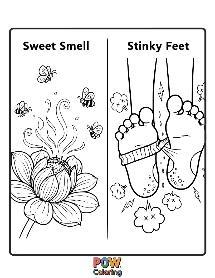 Free coloring page of A cute flower releasing sweet fragrance, next to a funny skunk wiggling its stinky toes playfully.