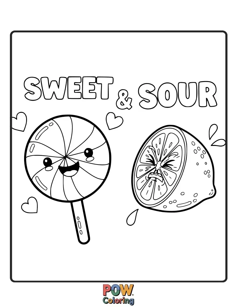 Free coloring page of A cute gummy bear enjoying a lollipop faces a puckered lemon character with a comical grimace.