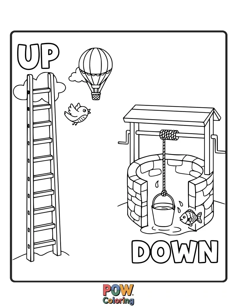 Free coloring page of A mischievous squirrel climbing a tall tree contrasts with a little acorn happily rolling downhill.