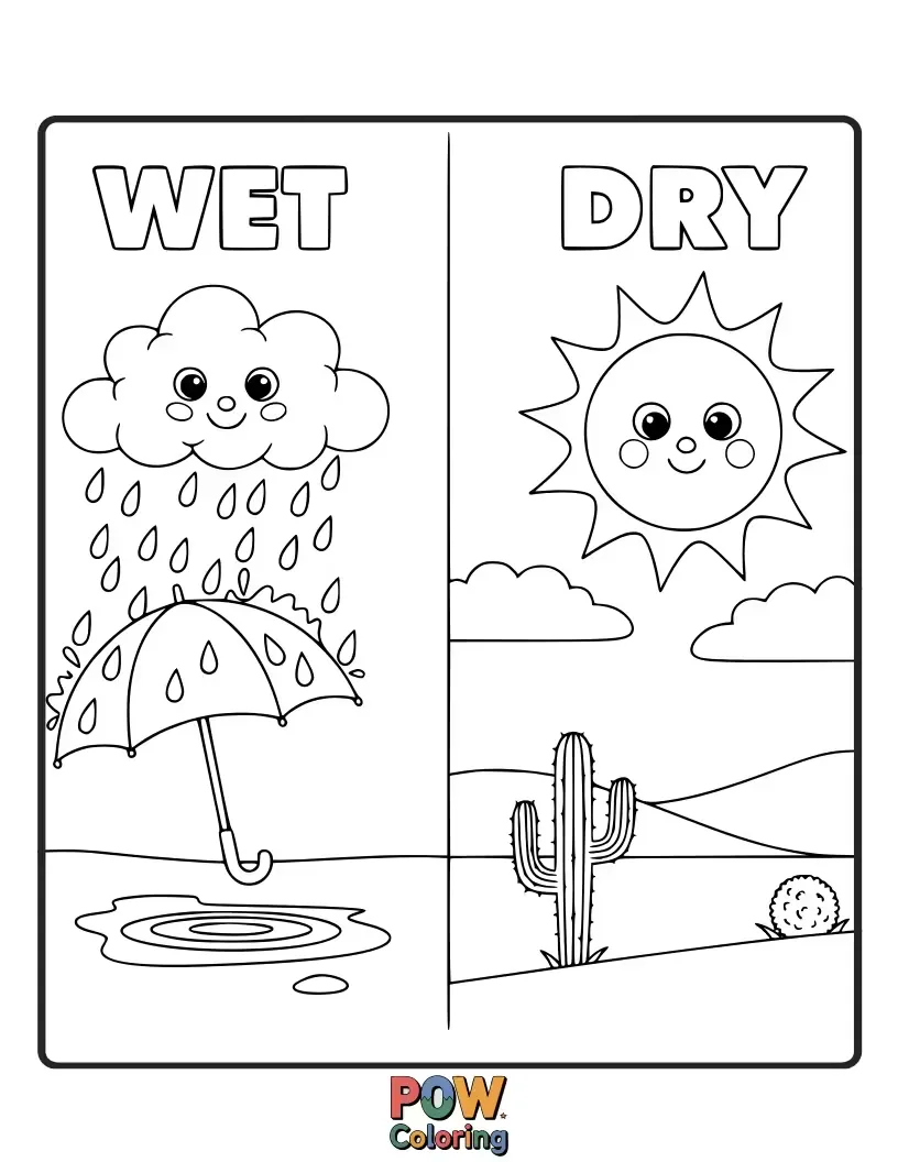 Free coloring page of A happy raindrop splashing into a puddle next to a smiling sun drying a tiny flower.