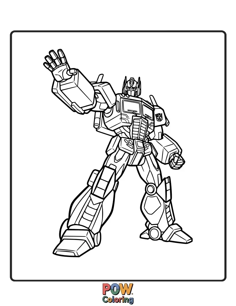 Free coloring page of A powerful depiction of Optimus Prime standing tall, ready to protect, with bold lines for easy coloring.