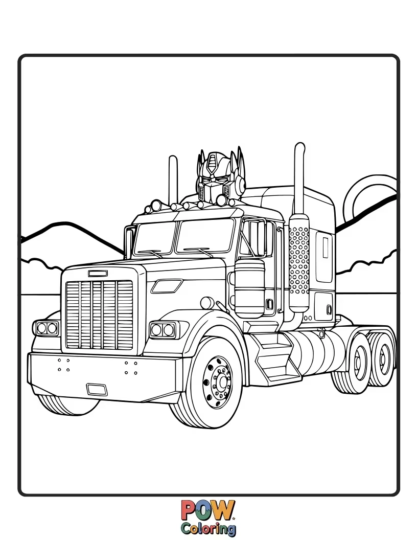 Free coloring page of The iconic red and blue semi-truck, Optimus Prime's vehicle form, with clear lines for coloring.