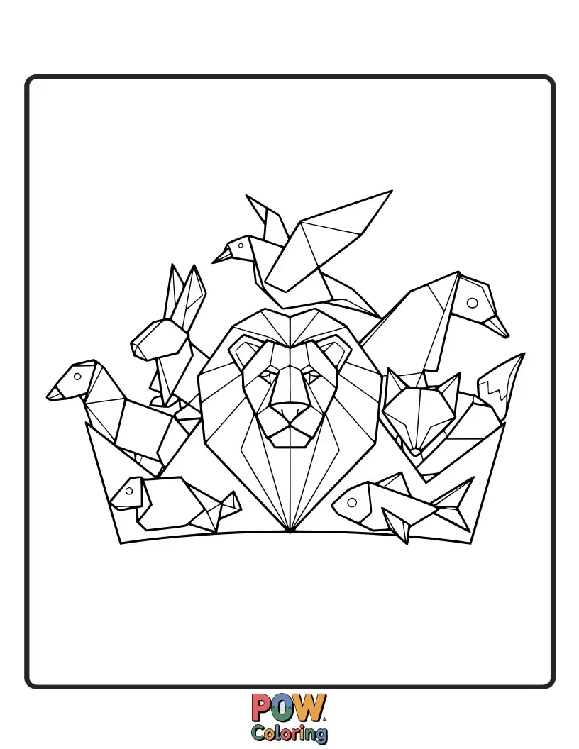 Free coloring page of Delicate origami animals, folded from colorful paper, come together to form a charming and unique crown.