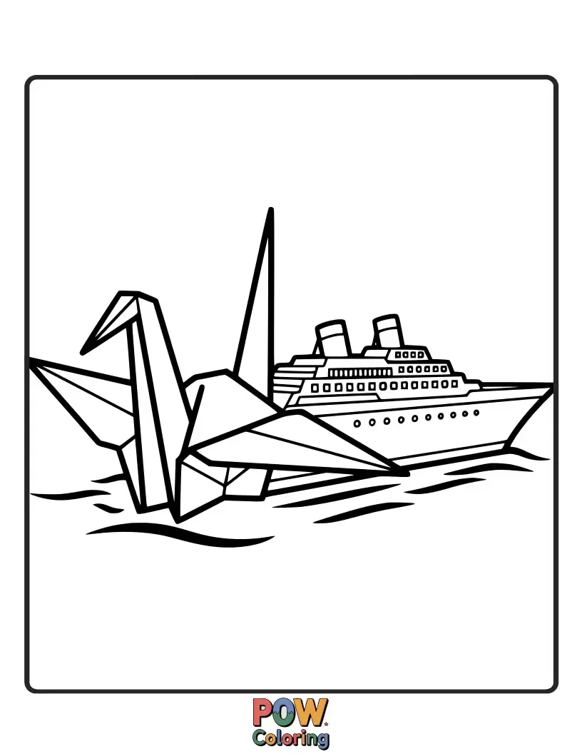 Free coloring page of An elegant liner folded from intricate origami, its delicate wings soaring gracefully over a tranquil blue ocean.