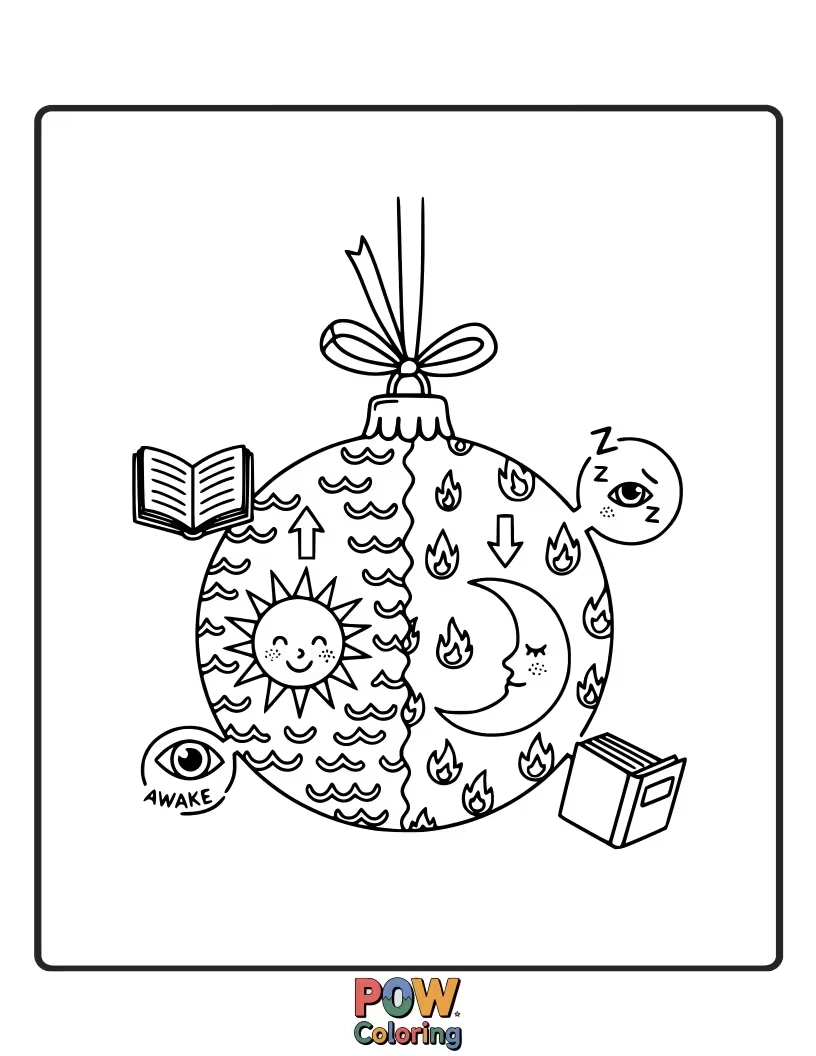 Free coloring page of Oswald the Lucky Rabbit tries to hang an ornament upside down on the Christmas tree.