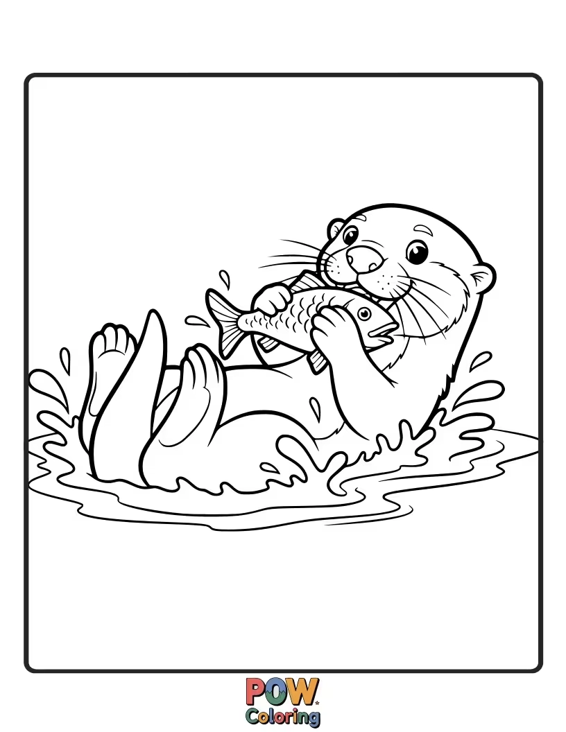 Free coloring page of A happy otter enjoying a tasty fish meal, showing its natural foraging behavior. Great for practicing shading techniques.