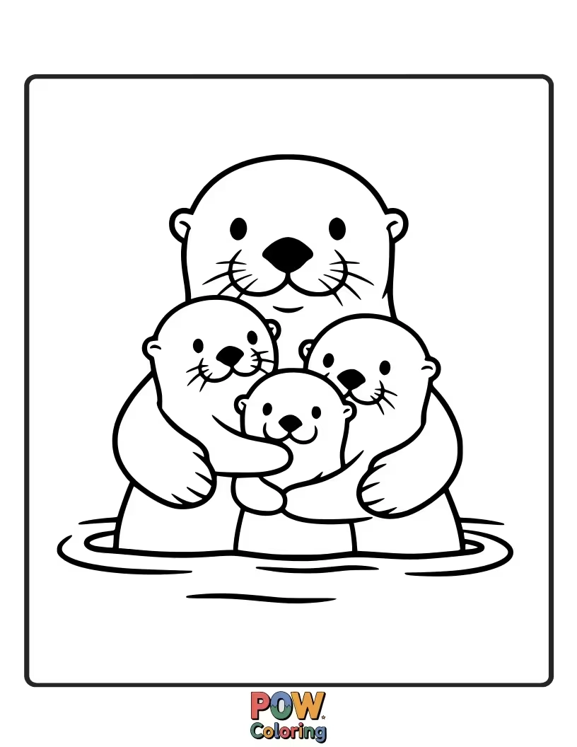 Free coloring page of A sweet scene of a mother otter and her pups sharing a warm, loving embrace. Ideal for practicing gentle coloring strokes.