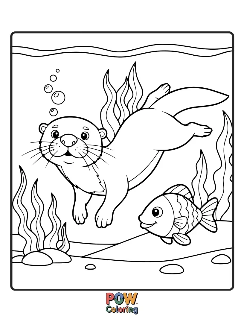 Free coloring page of An otter gracefully swimming among colorful fish and aquatic plants. Encourages imagination of an underwater environment.