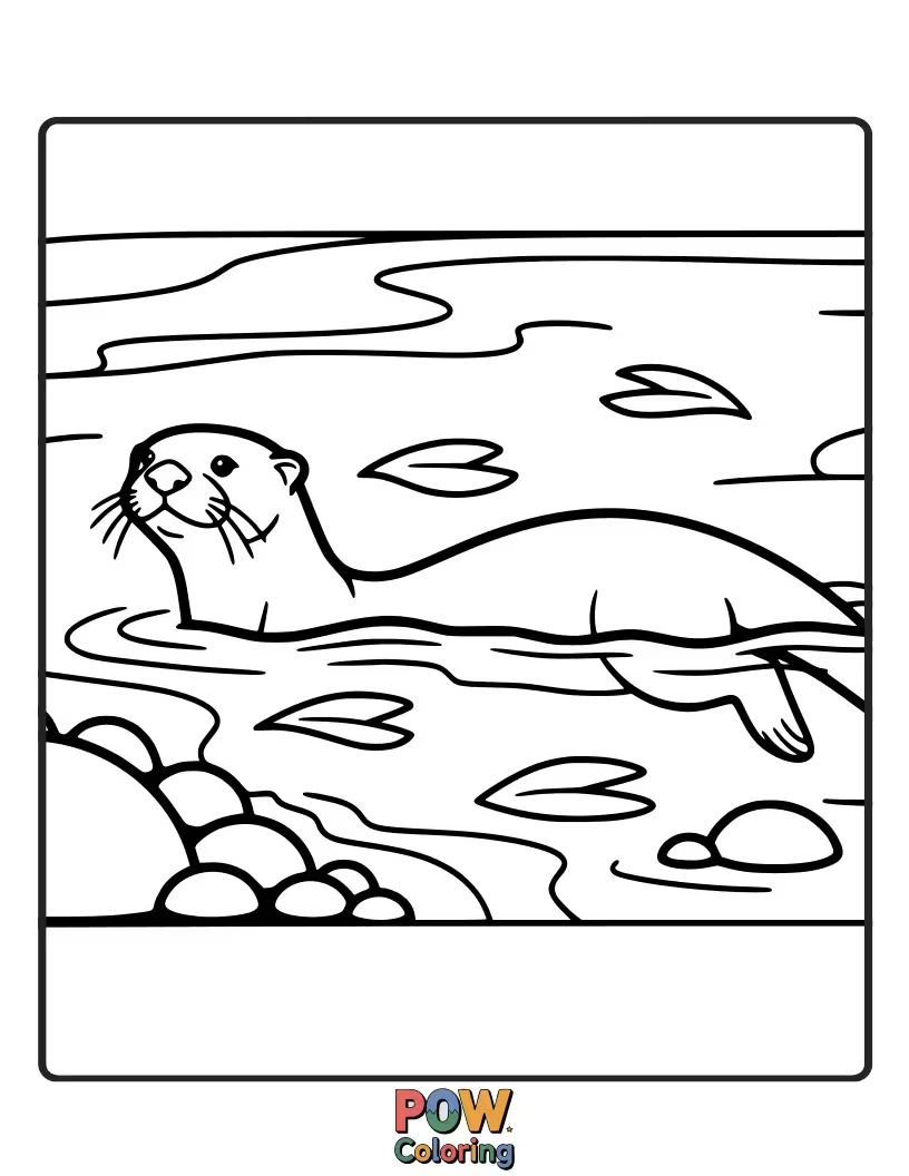 Free coloring page of A wide river scene with an otter swimming peacefully along its banks. Encourages coloring landscapes.