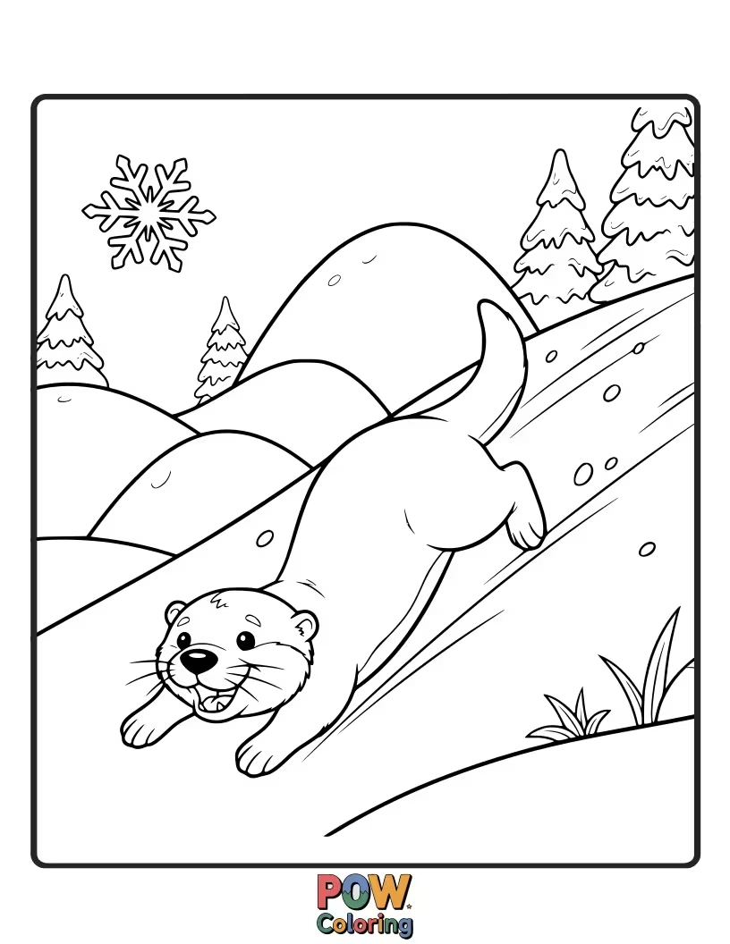 Free coloring page of An otter exploring a snowy environment, perhaps with snowflakes falling. Introduces winter themes.