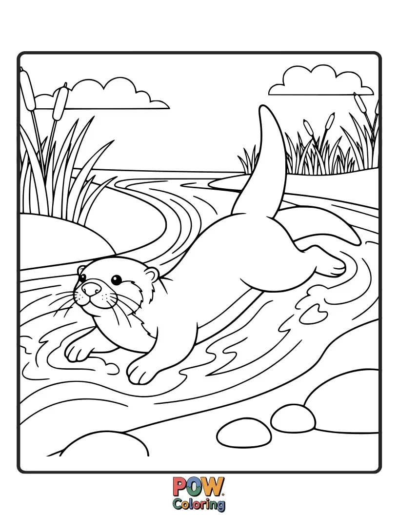 Free coloring page of A detailed scene of an otter navigating a clear, shallow stream. Focuses on natural habitats.