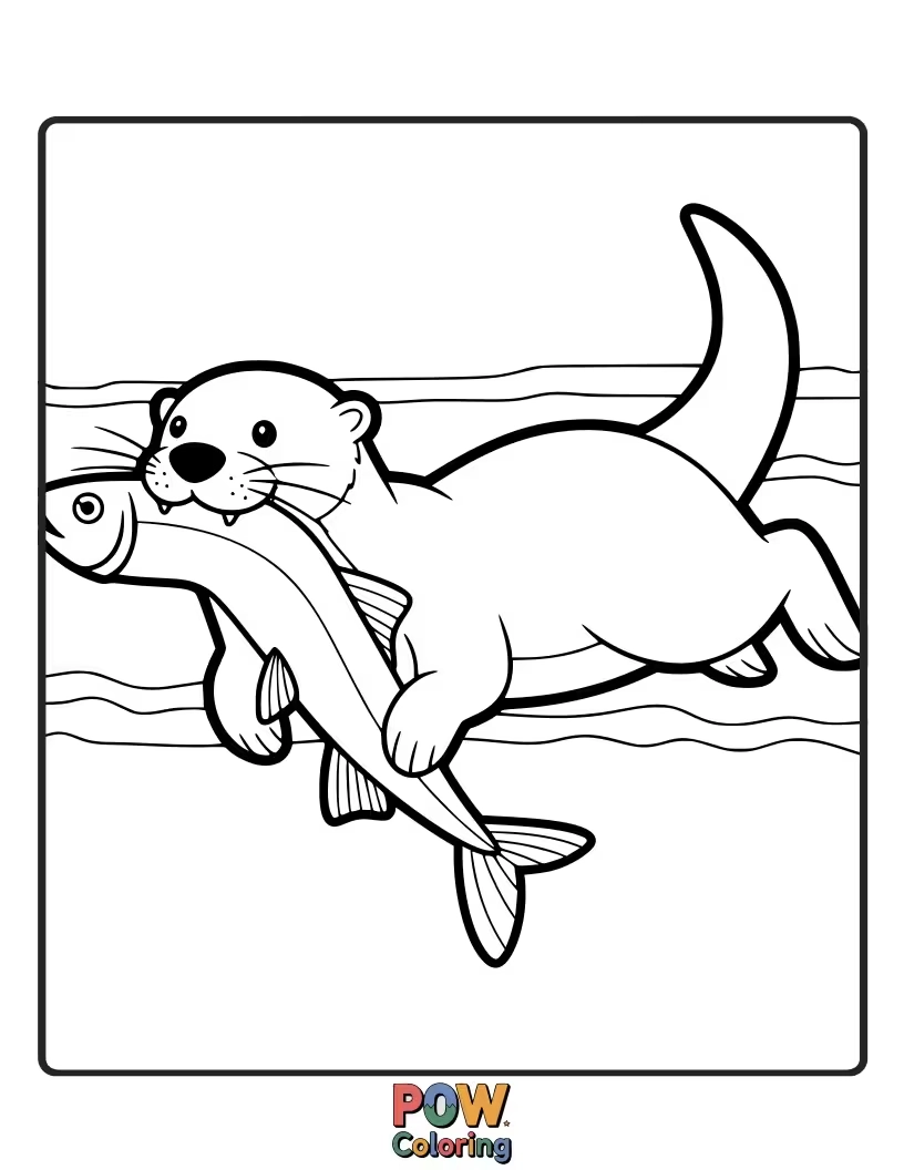Free coloring page of An otter proudly holding a long, wriggling fish. Allows for creative coloring of different shapes.