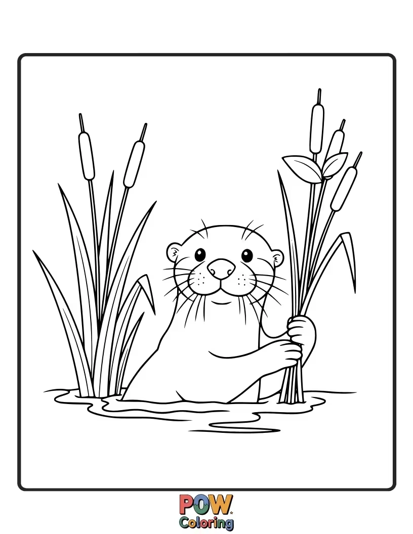 Free coloring page of An otter peeking through tall, elegant reeds by the water's edge. Encourages delicate coloring.