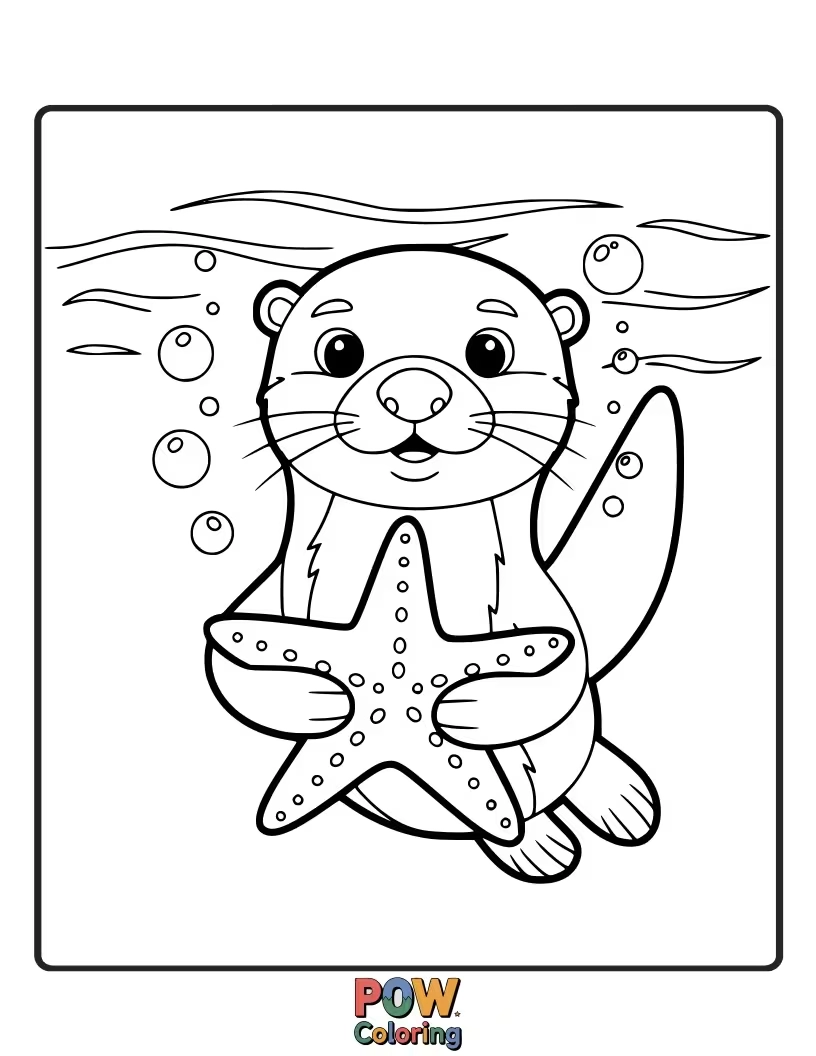 Free coloring page of An otter discovering and playing with a bright starfish. Combines two fun sea creatures.