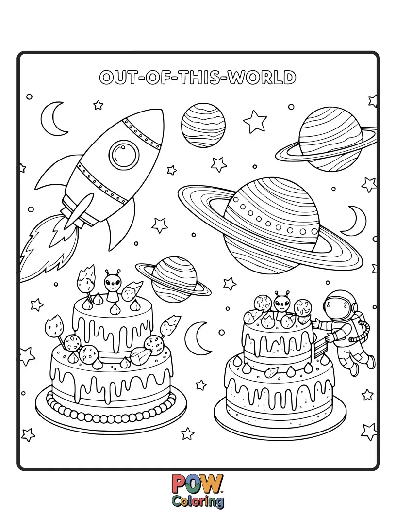 Free coloring page of Extraterrestrial cakes with alien designs, UFOs, and starry backdrops for cosmic fun.
