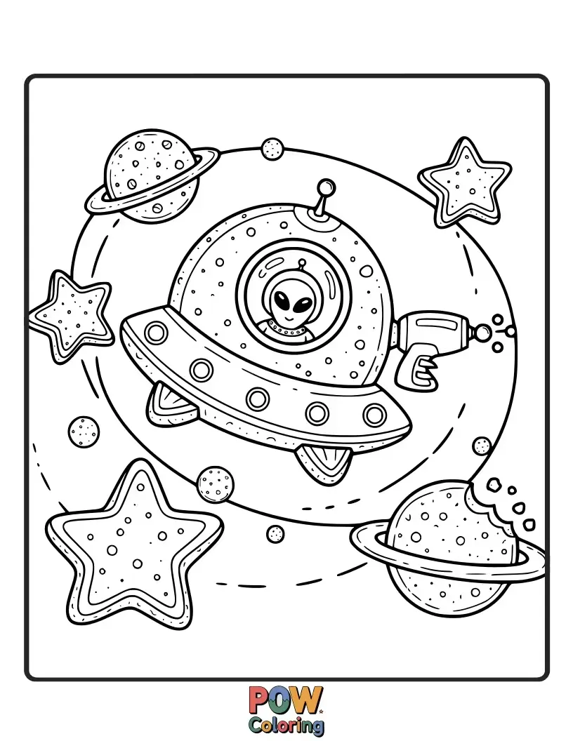 Free coloring page of Wacky cookies designed as aliens, UFOs, and sparkling stars. Explore the galaxy with your imagination!