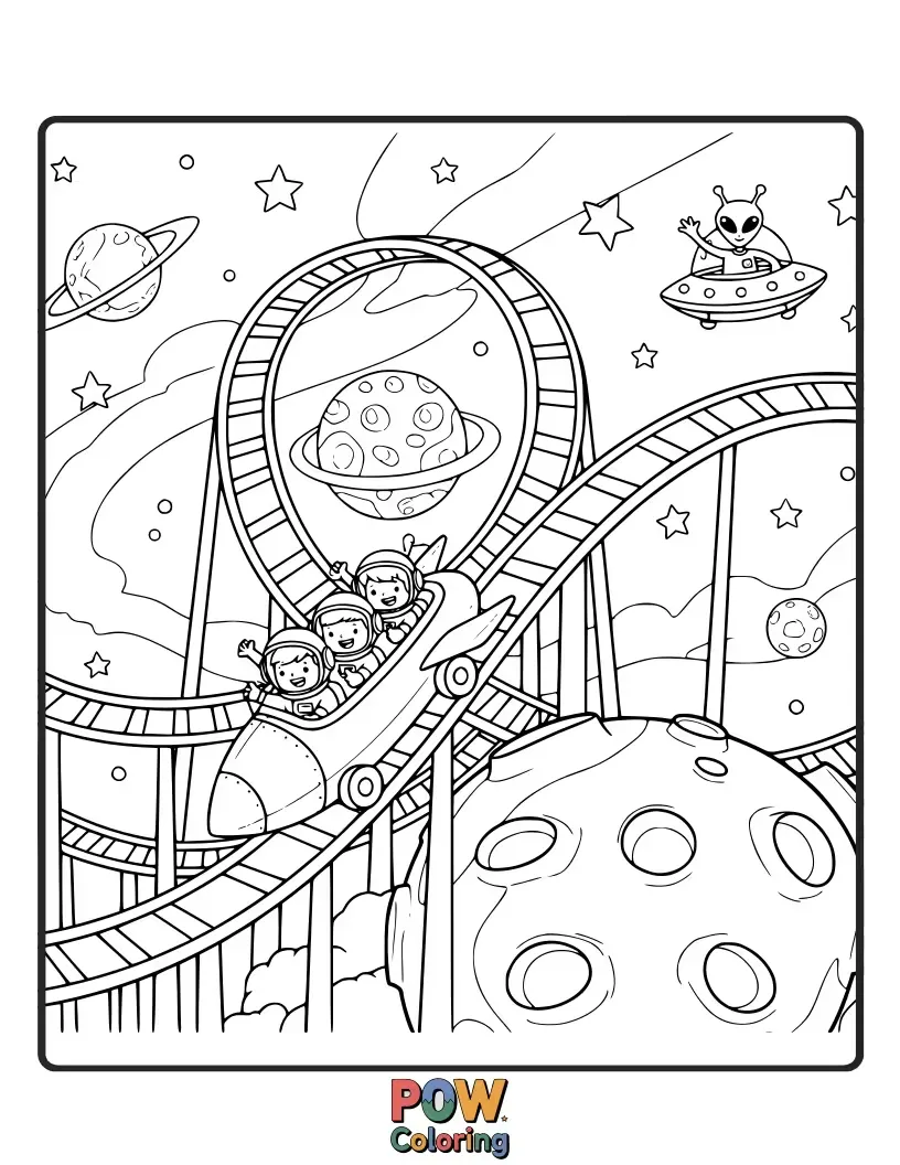Free coloring page of Blast off with this exciting roller coaster journey through planets, stars, and nebulae.