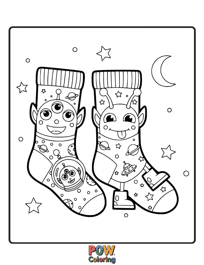 Free coloring page of Get ready for an out-of-this-world coloring experience with these quirky alien socks and their flying saucers.
