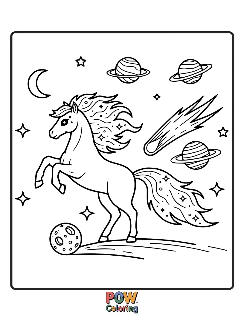 Free coloring page of A horse wearing a space helmet, trotting amongst planets, stars, and twinkling galaxies.