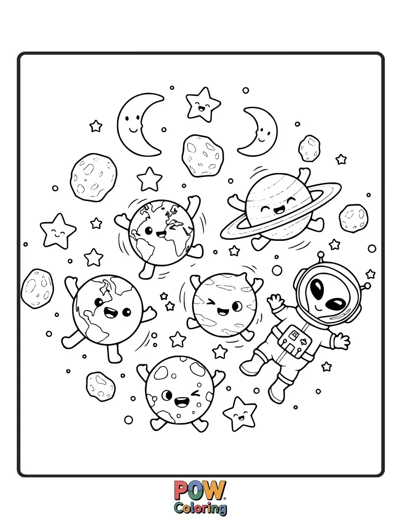 Free coloring page of A whimsical scene of planets and stars doing flips and tumbles through the cosmos, celebrating space gymnastics.