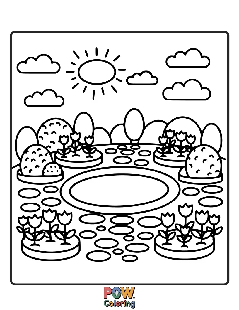 Free coloring page of A serene garden filled with oval-shaped leaves and flowers, promoting relaxation through curved forms.