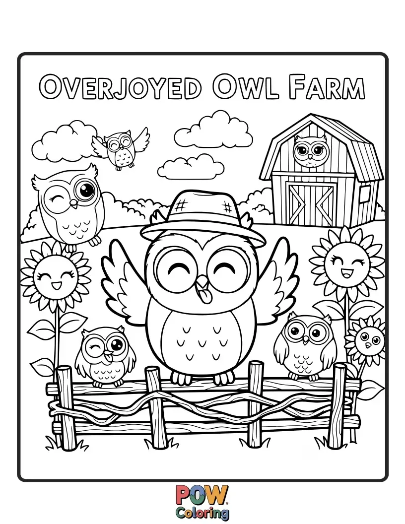 Free coloring page of A wise and overjoyed owl watching over all the happy happenings on the farm.