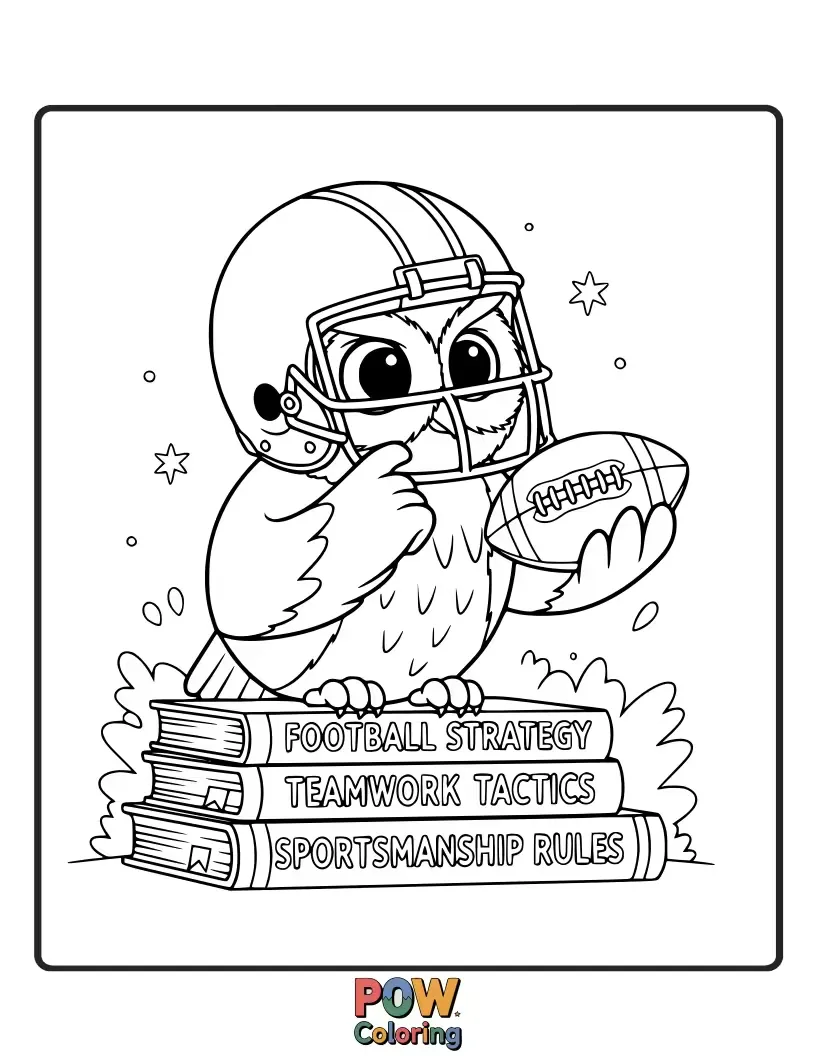 Free coloring page of A wise owl wearing glasses, perched on a football, looking thoughtful. Intelligent and serene.
