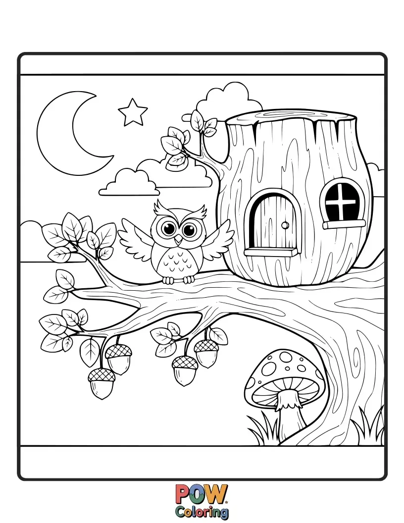 Free coloring page of A wise old owl sitting atop a whimsical house shaped like a book, with tiny spectacles on. Scholarly and cute!