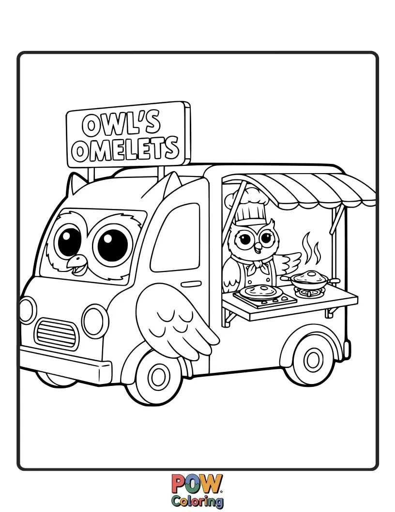 Free coloring page of A wise and cozy food truck shaped like an owl, serving delicious omelets with a warm, rustic charm.