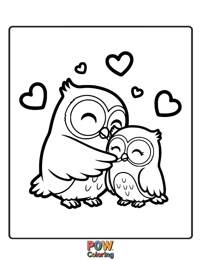 Free coloring page of A wise owl, with big, loving eyes, shares a heart-shaped cookie with its feathered mate under a starry Valentine's night sky.