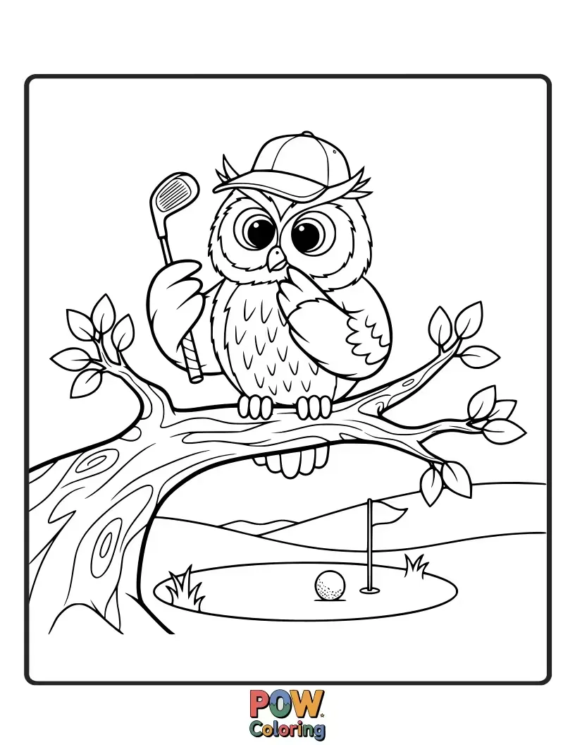 Free coloring page of A wise owl perched on a golf flag, offering advice with a knowing wink.
