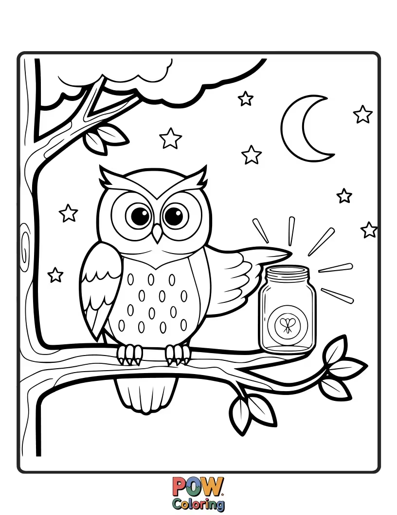 Free coloring page of A wise owl using a glowing mushroom as a charming night light in the forest.