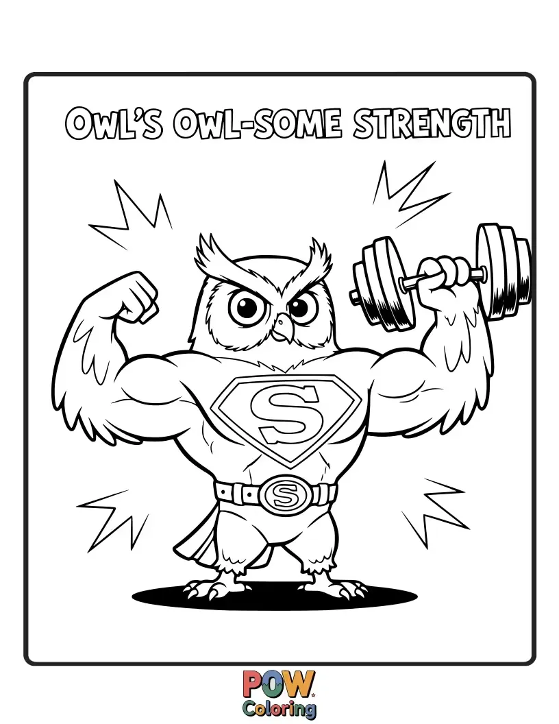 Free coloring page of A wise owl perched on a pull-up bar, looking studious as it executes perfect chin-ups with a focused gaze.