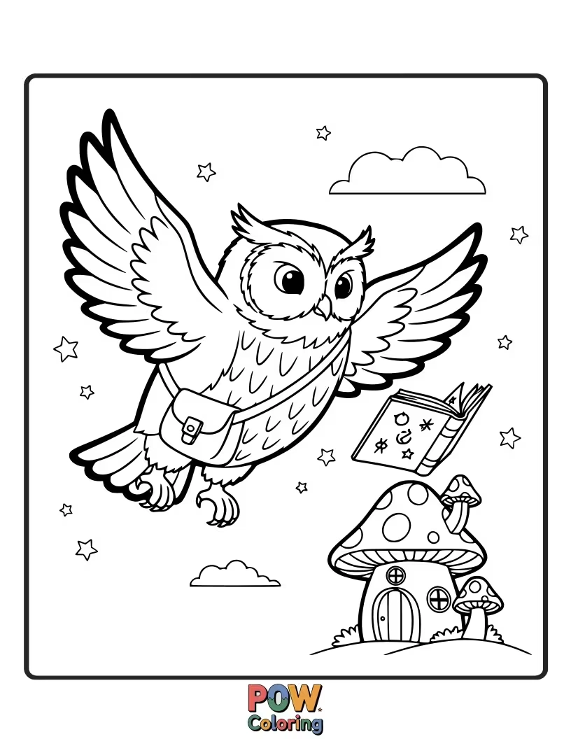 Free coloring page of A wise-looking owl wearing a tiny wizard hat is carefully carrying a glowing spellbook to a waiting wizard.