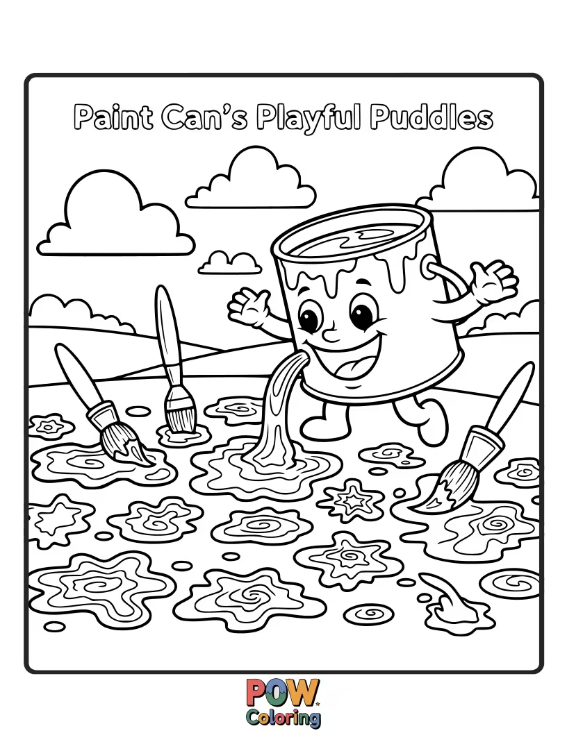 Free coloring page of A paint can creating colorful, splattered puddles that form funny shapes.