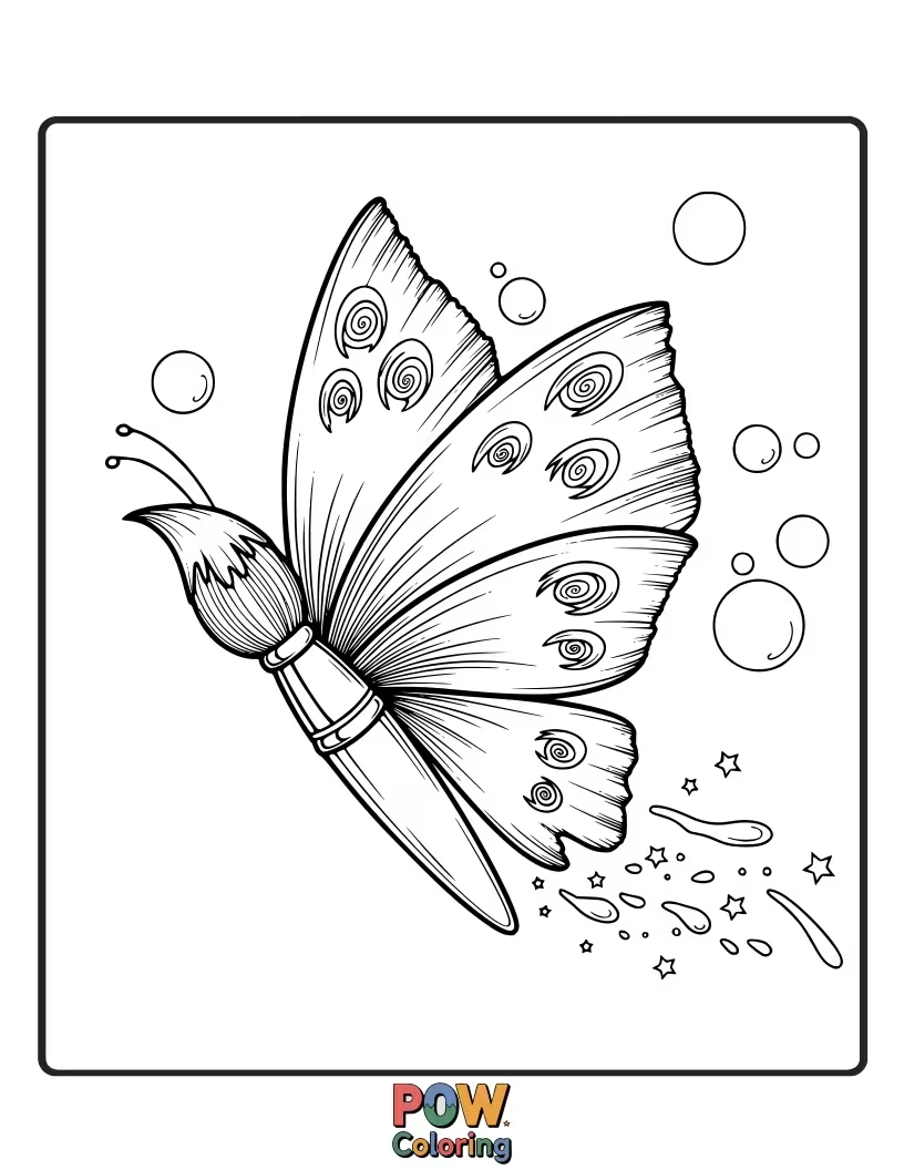Free coloring page of An artistic butterfly with paintbrush tip wings, leaving trails of colorful paint as it dances through the air. Masterpiece!