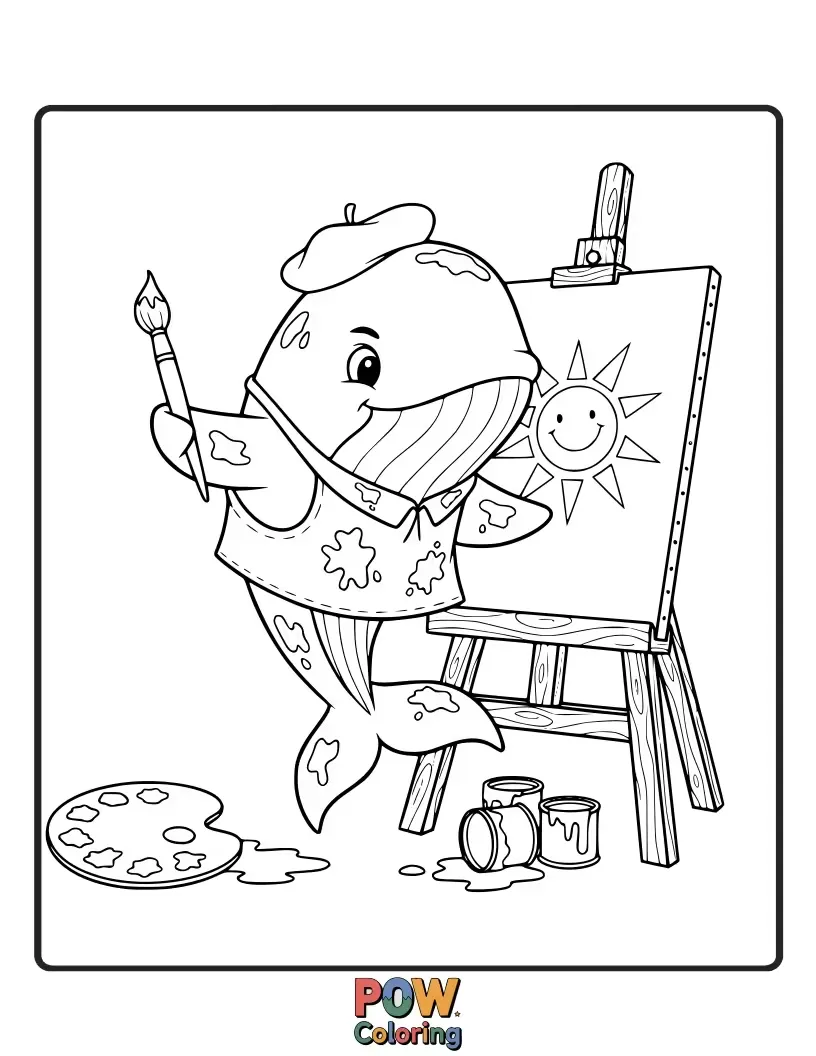 Free coloring page of A poised whale striking a dramatic pose, as if about to paint a magnificent underwater landscape with vibrant colors.