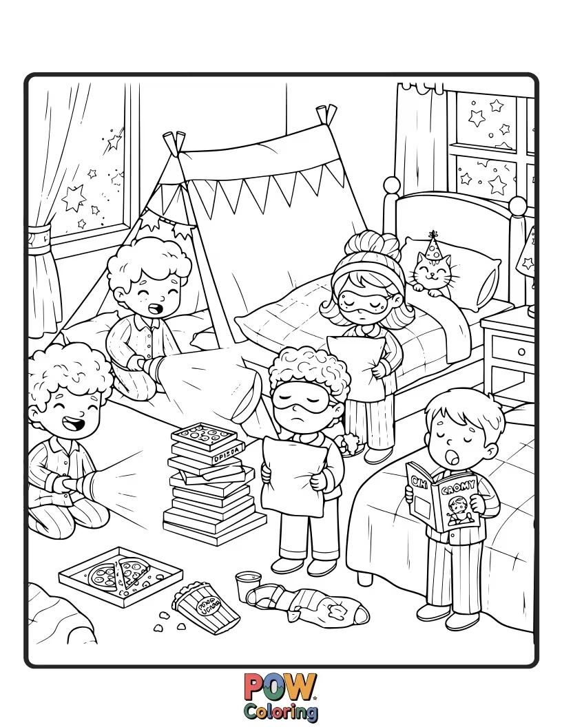 Free coloring page of Popcorn, comfy pillows, and sleeping bags are ready for a fun-filled, sleepover adventure.