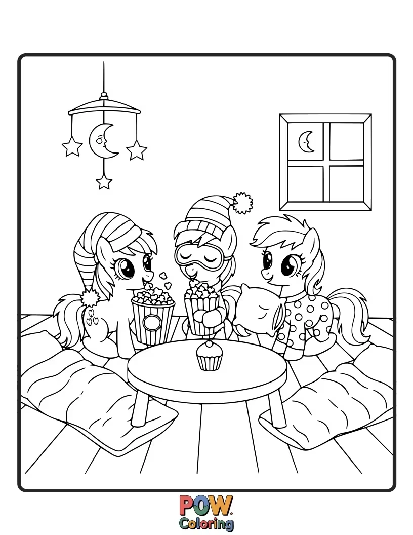 Free coloring page of A cozy pony in striped pajamas, holding a cup of cocoa and a book.