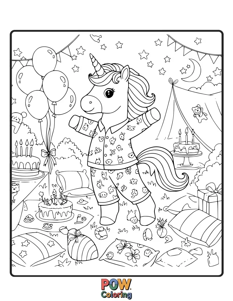 Free coloring page of Cute and cozy unicorn in pajamas, ready for a fun slumber party.