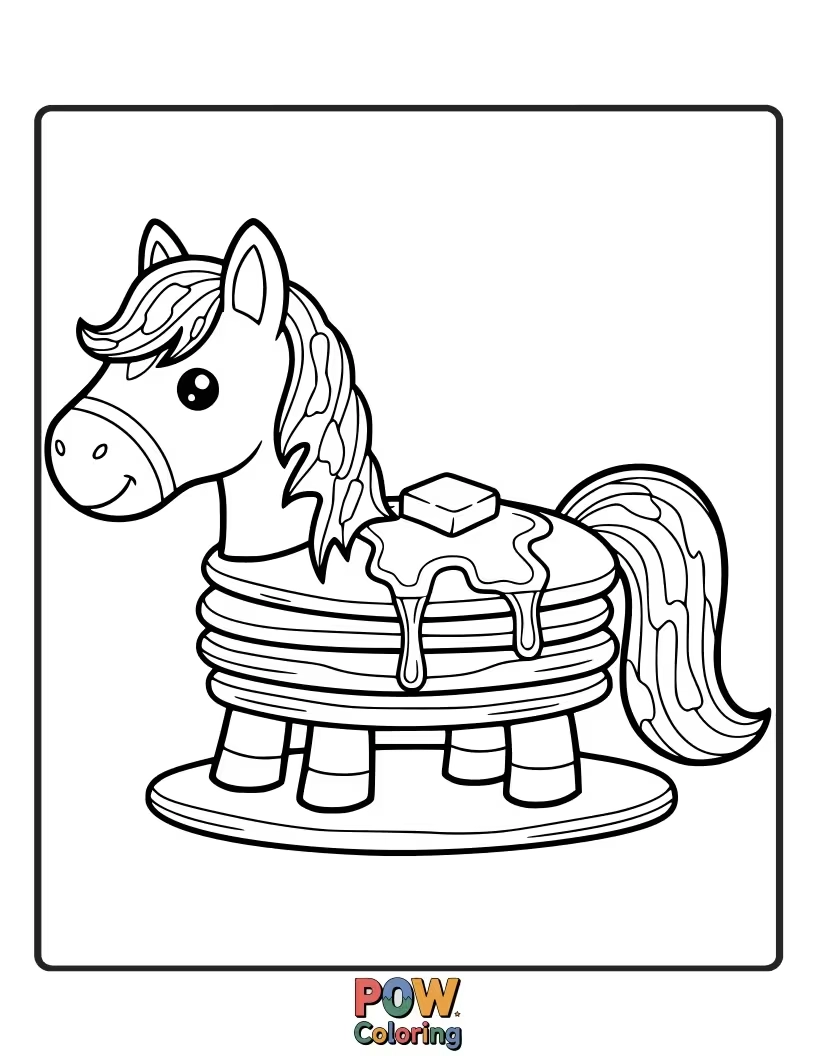 Free coloring page of A playful pony juggling several pancakes, some landing on its head.