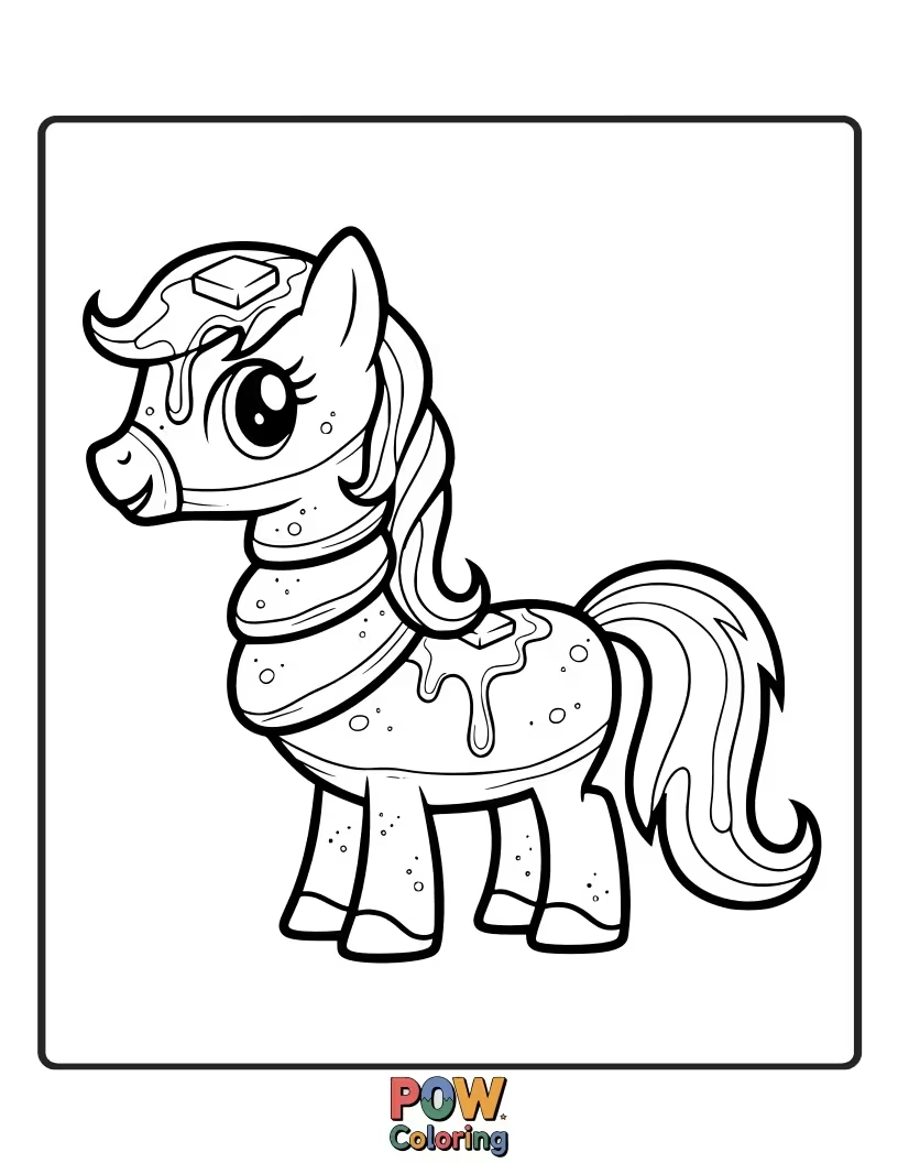Free coloring page of A fluffy pony attempting to balance a teetering tower of pancakes on its head.
